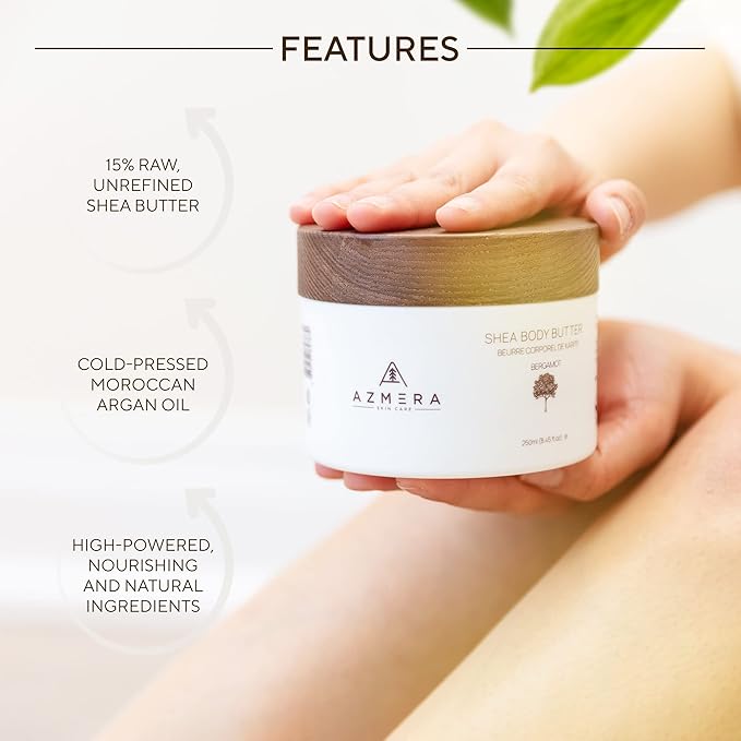 AZMERA Handcrafted Whipped Shea Body Butter – Luxurious Moisturizer for Dry, Sensitive Skin with Bergamot, Argan Oil & Vitamin E – Vegan, Non-Greasy Skincare – 8.82 oz-Velvo Beauty