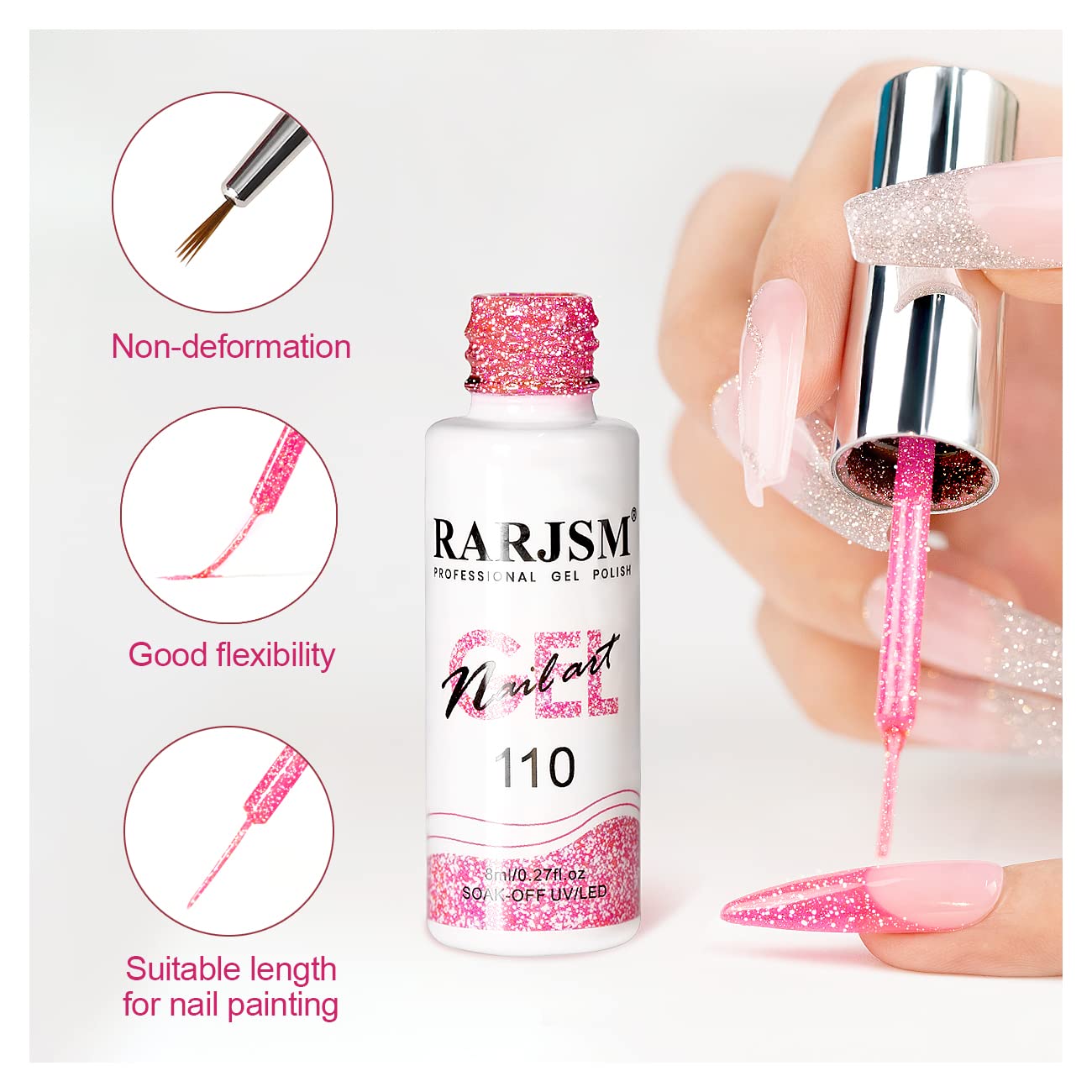 RARJSM Gel Liner Nail Art Reflective Glitter Gel Nail Polish Thin Brush Silver Neon Hot Pink Flash Diamond PaintedGel 2PCS Set Soak off Curing Requires 8ml for Home Salon Diy Nail Design Decoration-Velvo Beauty