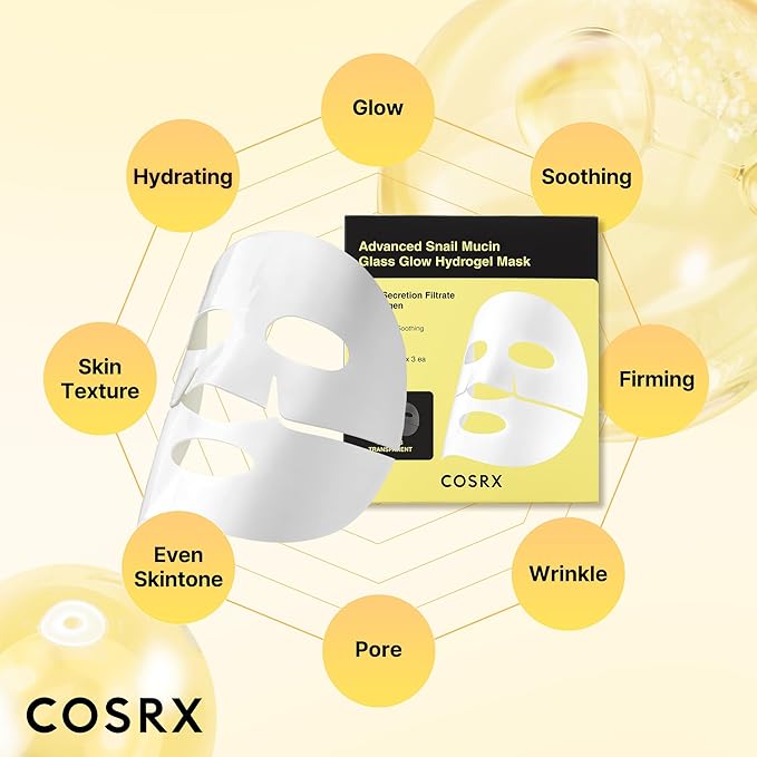 COSRX Advanced Snail Mucin Glass Glow Hydrogel Face Masks Skincare 3 EA, Collagen Face Mask, Travel Essentials, Overnight Face Mask, Korean Skin Care-Velvo Beauty