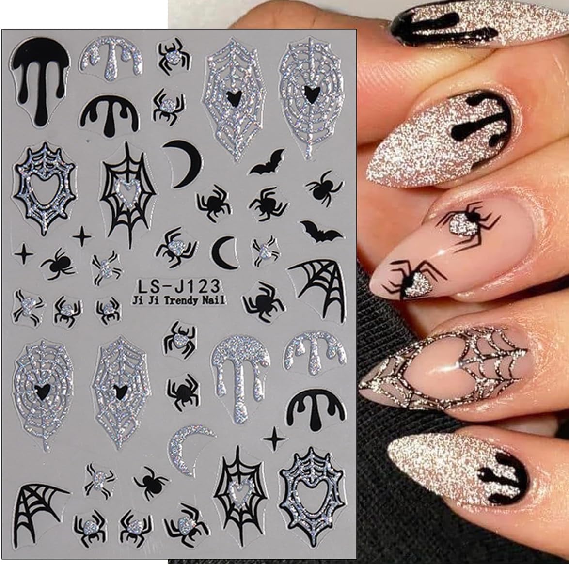 8 Sheets Horror Goth Nail Art Stickers Halloween Nail Stickers for Nail Art Glitter Bat Spider Web Pumpkin Design Luminous Ghost Nail Decals Self-Adhesive Nail Supplies for Women Manicure Decor-Velvo Beauty