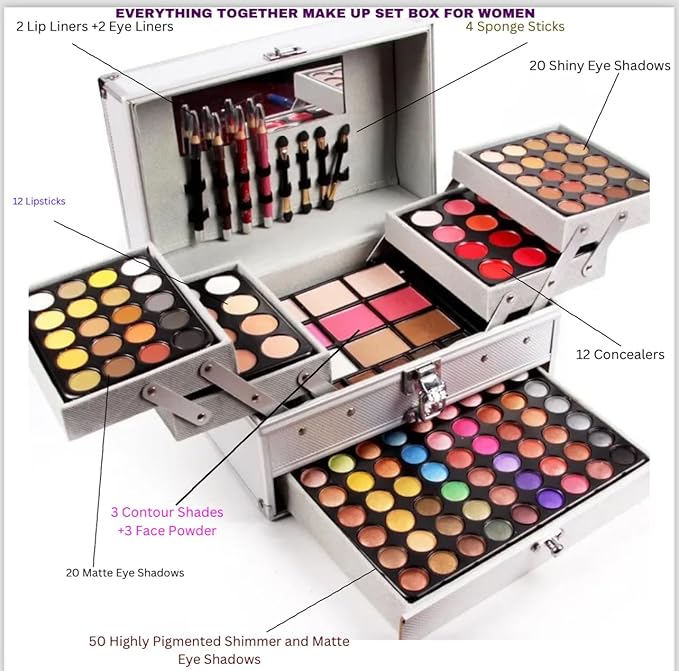132 Colors All In One Ultimate Color Makeup Kit: Carry All Trunk with Cosmetic Contouring Palette, Concealer, Face Powder, Lip Gloss, Blusher, Contour Shade, Eye Liner, and Eyebrow Powder.-Velvo Beauty