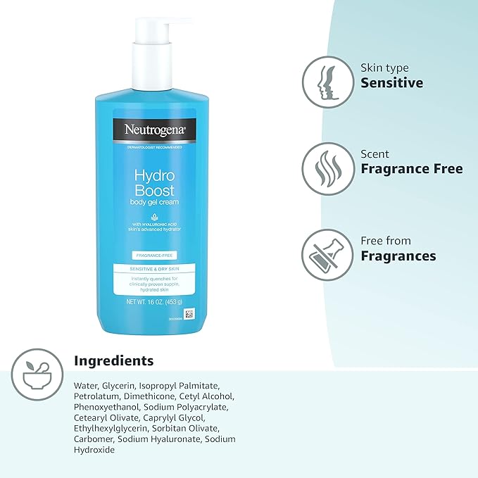 Neutrogena Hydro Boost Body Moisturizing Gel Cream with Hyaluronic Acid, Non-Greasy & Fast Absorbing, Lightweight Hydrating Body Lotion for Normal to Dry Skin, Fragrance-Free, 16 oz (Pack of 2)-Velvo Beauty