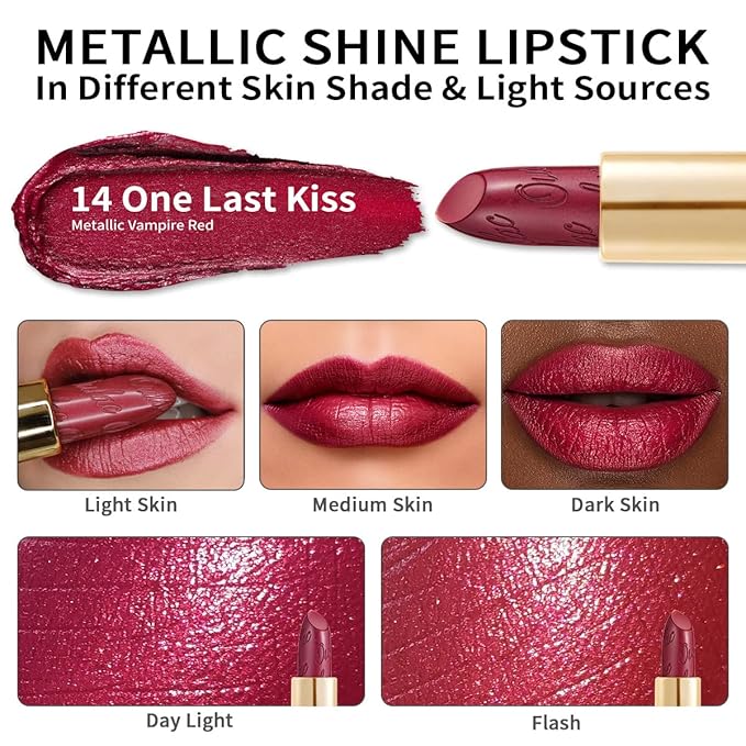 Oulac Wine Red Lipstick for Women with Metallic 3D Shine Lightweight Hydrating Formula, High Impact Lip Color, Vegan Beauty, Full Coverage Lip Makeup, Christmas Gifts for Women, One Last Kiss (14)-Velvo Beauty