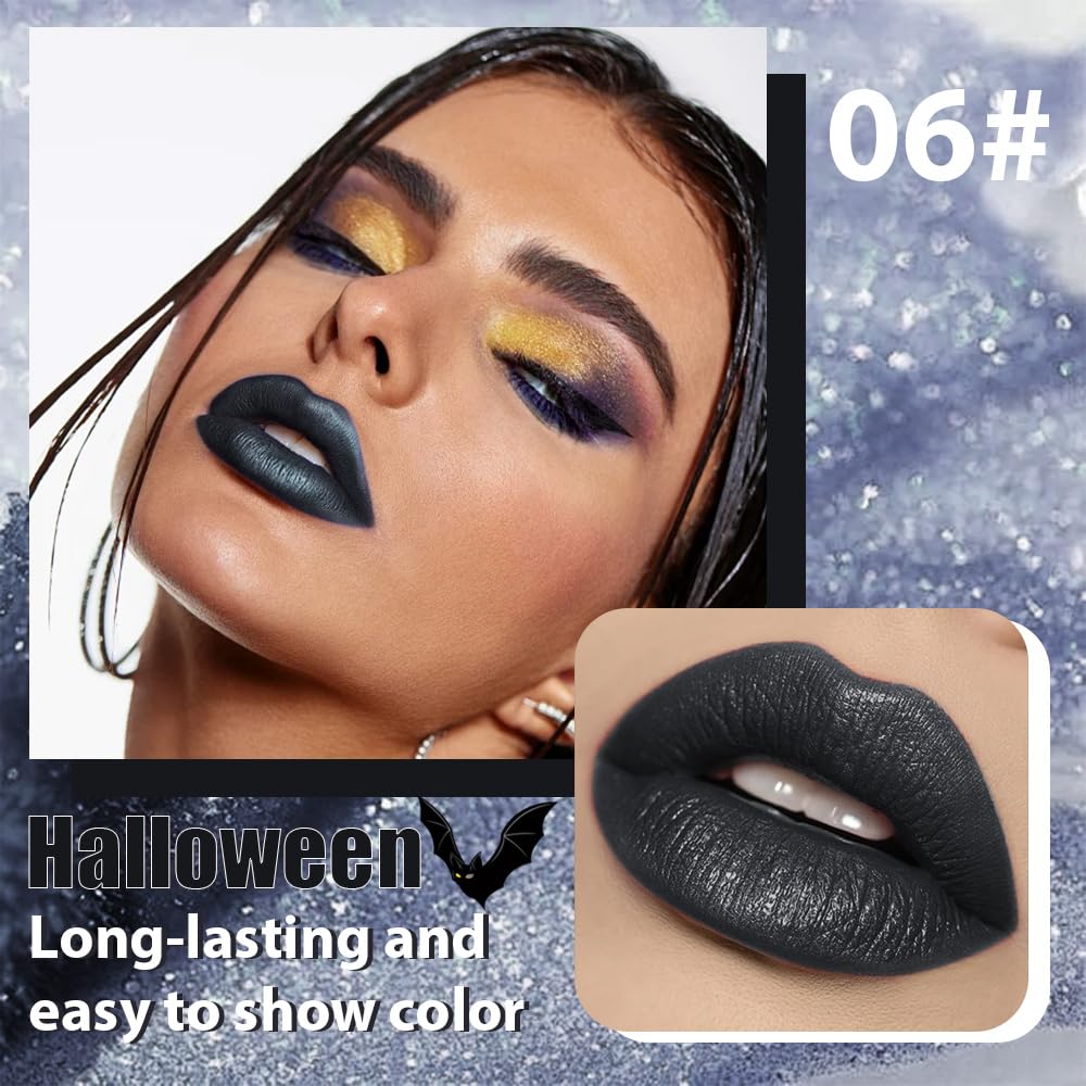Gray Black Metallic Lipstick for Women,Glitter Sparkling Liquid Lipstick,Long Lasting Waterproof Lightweight Comfortable Non-Drying Bold Dark Lip Gloss for Gothic Stage Makeup,Vegan-Velvo Beauty