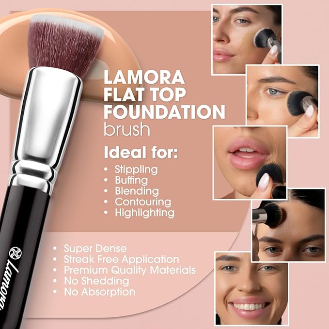 LAMORA Foundation Brush for Liquid Makeup - Kabuki Face Brush for Cream, Powder, Blush, and Concealer - Flat Top Blending, Buffing, Stippling Brush-Velvo Beauty