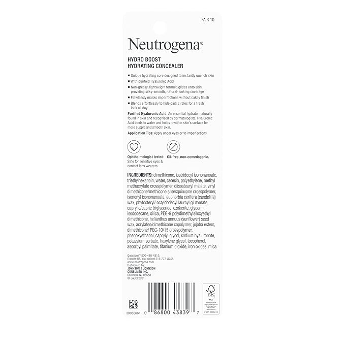 Neutrogena Hydro Boost Hydrating Concealer Stick for Dry Skin, Oil-Free, Lightweight, Non-Greasy and Non-Comedogenic Cover-Up Makeup with Hyaluronic Acid, 10/Fair, 0.12 Oz-Velvo Beauty