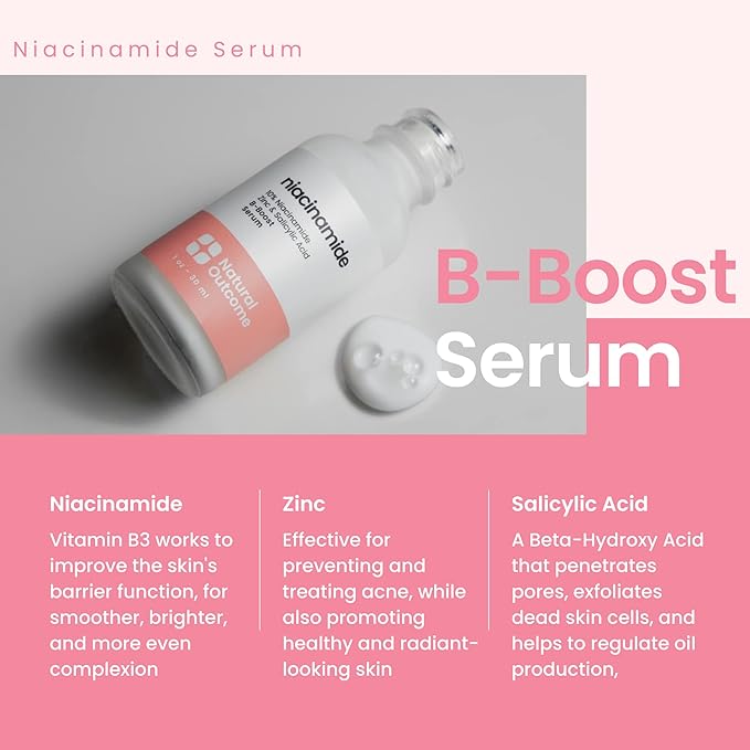 Niacinamide Serum for Face by Natural Outcome Skin Care, B-Boost Niacinamide 10% Plus Zinc 2% Salicylic Acid + Hyaluronic Acid, Acne Treatment + Pore Reducing Serum + Skin Balancing-Velvo Beauty