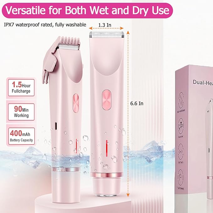 Bikini Trimmer for Women, Waterproof Bikini Shaver with Dual Head Design, Cordless Rechargeable Shaver for Women Private Area, Gentle Wet & Dry Hair Removal for Bikini Line & Underarms-Velvo Beauty