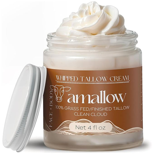 Amallow 100% Grass Fed Beef Tallow for Skin Care - Face + Body - Whipped Moisturizer - Natural Lotion, 4 FL. oz. (Clean Cloud)-Velvo Beauty