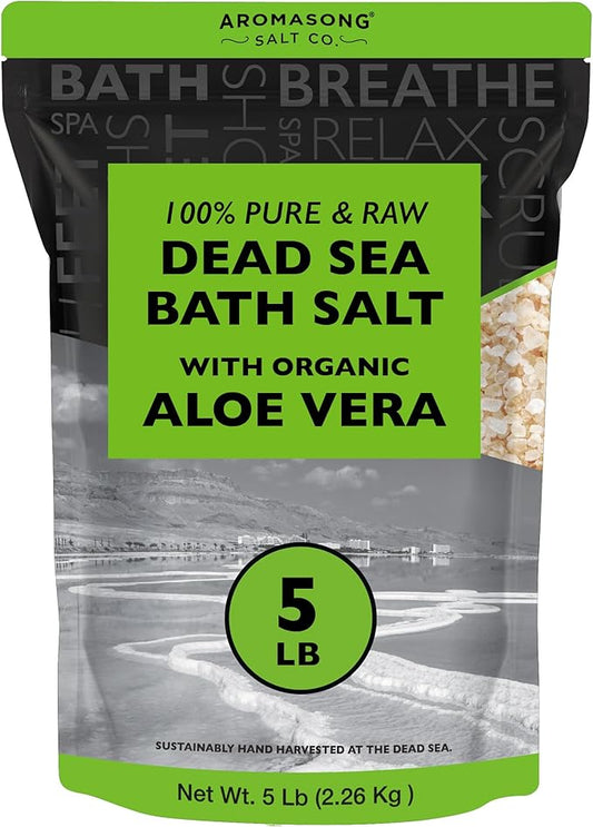 Aromasong 5 lbs Raw Dead Sea Salt with Organic Aloe Vera, not Cleaned, Still Contains All Dead sea Minerals Including Dead sea Mud, Fine Medium Grain Large resealable Bulk Pack (Packaging May Vary)-Velvo Beauty
