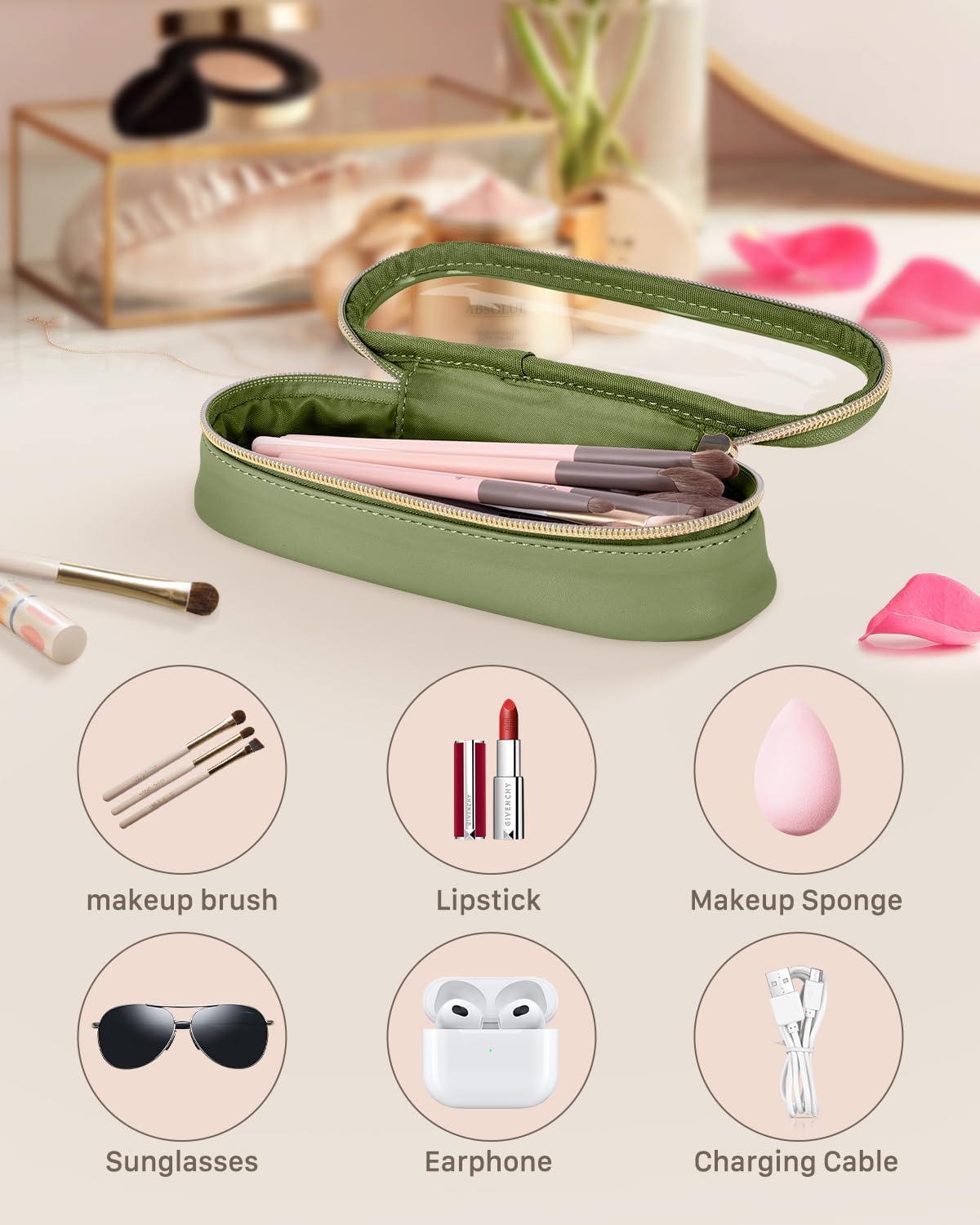 Clear Travel Makeup Brush Holder, Leather Makeup Brush Toiletry Bag, Portable Cosmetic Brush Case, Transparent Waterproof Makeup Brush Storage Bag, Green-Velvo Beauty