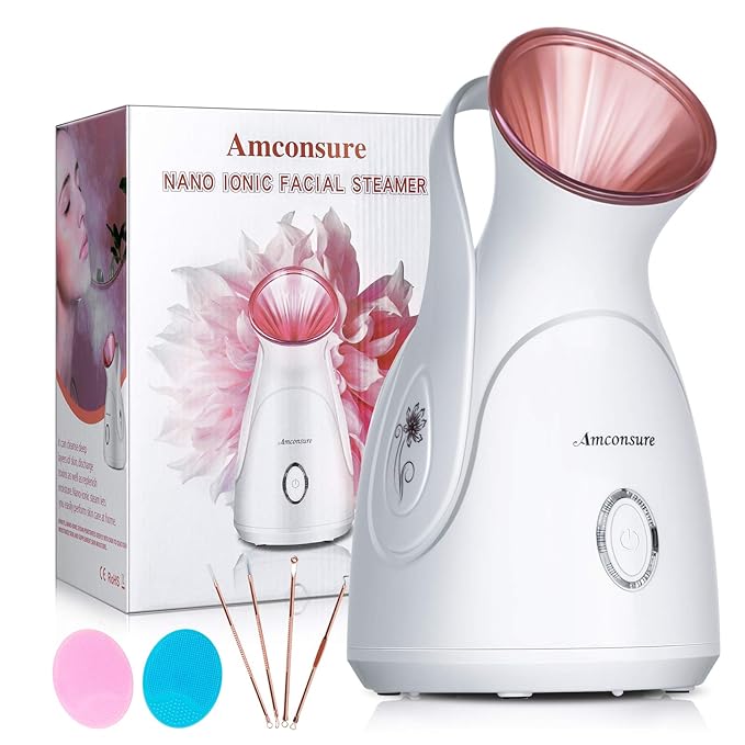 Facial Steamer, Amconsure Nano Ionic Face Steamer for Home, 100ML Warm Mist Humidifier for Women Moisturizing, Unclogs Pores-Bonus Stainless Steel Skin Kit and 2 Face Scrubbers-Velvo Beauty