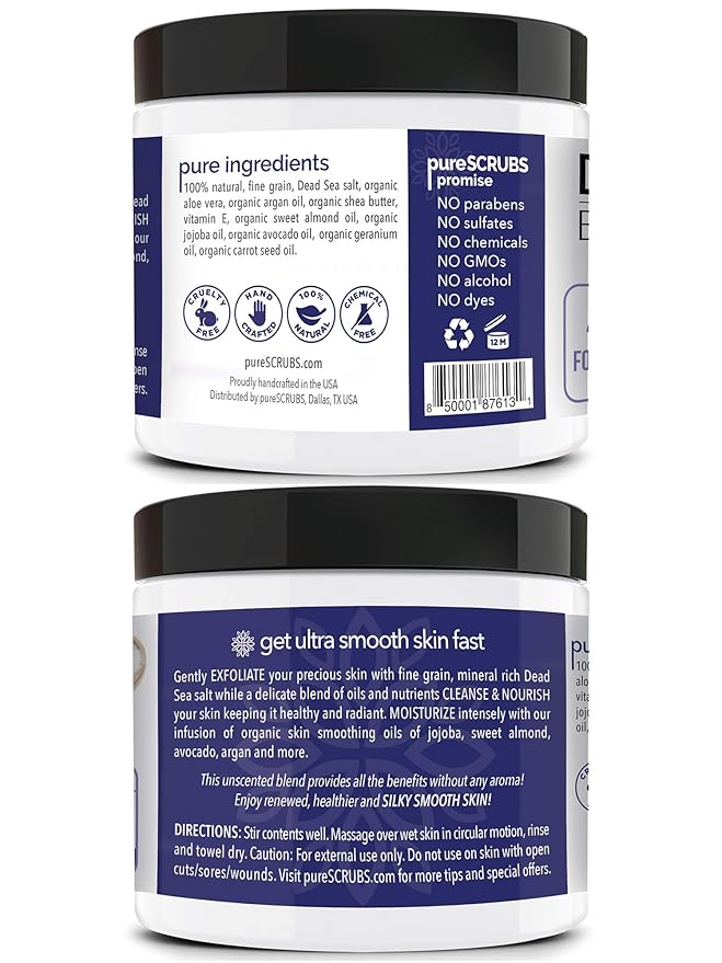 pureSCRUBS Premium Unscented Body Scrub Set - Large 16oz Dead Sea Salt Body Scrub With Infused Essential Oils & Nutrients, Includes Wooden Spoon, Loofah & Oatmeal Exfoliating Bar Soap-Velvo Beauty
