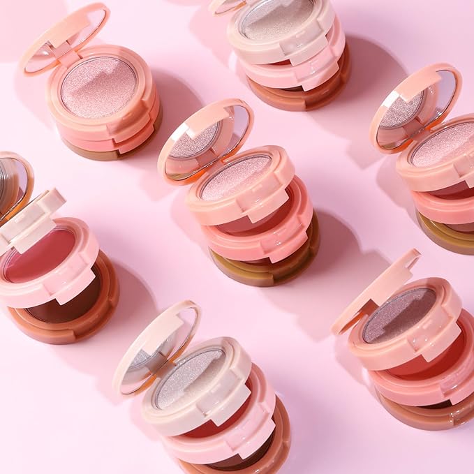 3-in-1 Blendable Trio, Contour and Highlight Blush Makeup Palette, Cream Bronzer, Silky Smooth Powder Blush, Shimmer Highlighter Makeup Powder, Pink Brown Eyeshadow Palette with Mirror(03)-Velvo Beauty