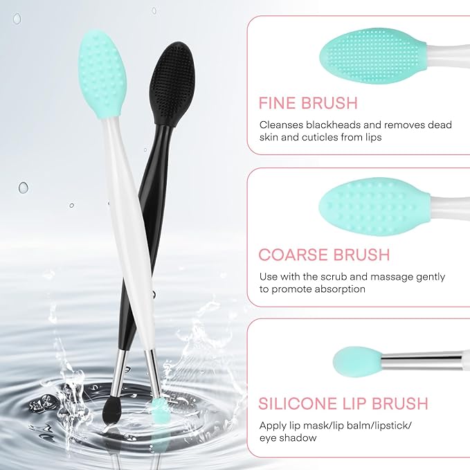 Unaone Lip Scrub Brush - 3 PCS Dual-ended Lip Scrubber Exfoliator and Silicone Lip Brush, 3-in-1 Silicone Lip Scrub Tool Lip Mask Applicator, Gentle Exfoliator & Applicator for Soft-Velvo Beauty