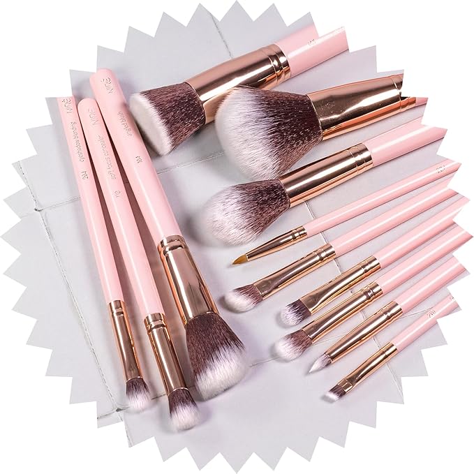 Niré Beauty 15piece Award Winning Pink Makeup Brushes: Pink Makeup Brush Set with Case, Makeup Sponge, Brush Cleaner, Guide, Gift Box-Velvo Beauty