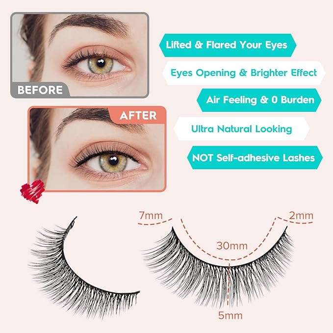 Natural Lashes 7MM Extra Short Eyelashes Natural Cat Eye Lashes 10 Pair False Eyelashes Wispy Eye Lashes Pack C Curl Strip Lashes 3D Volume Short Lashes Siligli Eyelashes-Velvo Beauty