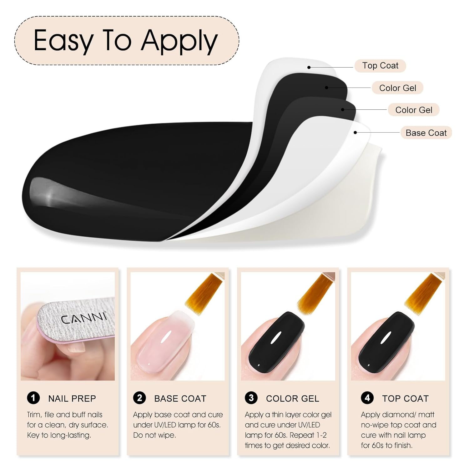 CANNI Black Gel Nail Polish, 1Pcs Pure Black Color High Gloss Soak Off UV Gel Polish Nail French Manicure Salon DIY-Velvo Beauty