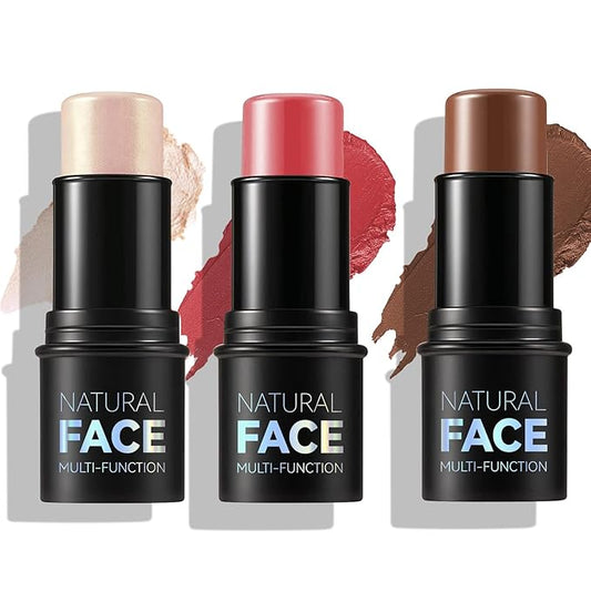 3 Pcs Face Contour Sticks Set, Shades with Highlighter & Contour & Blush Sculpted Complexion Wand Contour Long Lasting Natural Buildable Highlighters Contour Contouring Bronzer (01, 05, 06)-Velvo Beauty