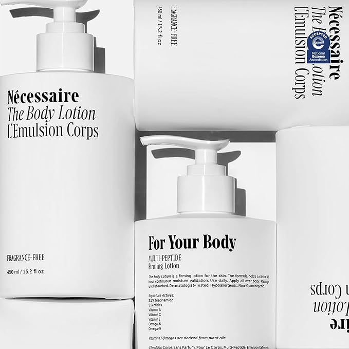 Nécessaire The Body Lotion with Pump. Fragrance-Free. Multi-Peptide Firming Lotion to Moisturize, Firm, Strengthen. 2.5% Niacinamide, Vitamin C/E + Omega 6/9. 450ml / 15.2 fl oz-Velvo Beauty