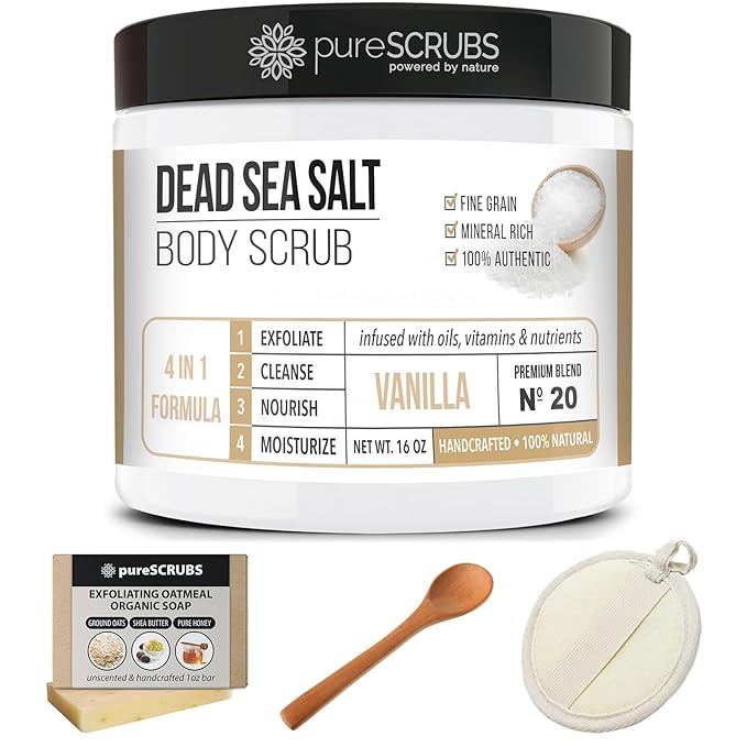 pureSCRUBS Premium Vanilla Body Scrub Set - Large 16oz Dead Sea Salt Body Scrub With Infused Essential Oils & Nutrients, Includes Wooden Spoon, Loofah & Oatmeal Exfoliating Bar Soap-Velvo Beauty