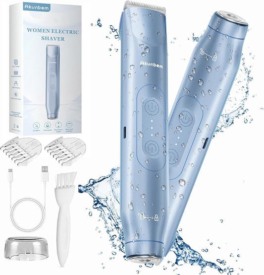 2 in 1 Women Electric Shaver Dual Head Bikini Trimmer for Women IPX7 Waterproof Wet & Dry Use Body Hair Trimmer and Facial Hair Remover for Bikini Underarm Leg Arm Body Face, Blue-Velvo Beauty