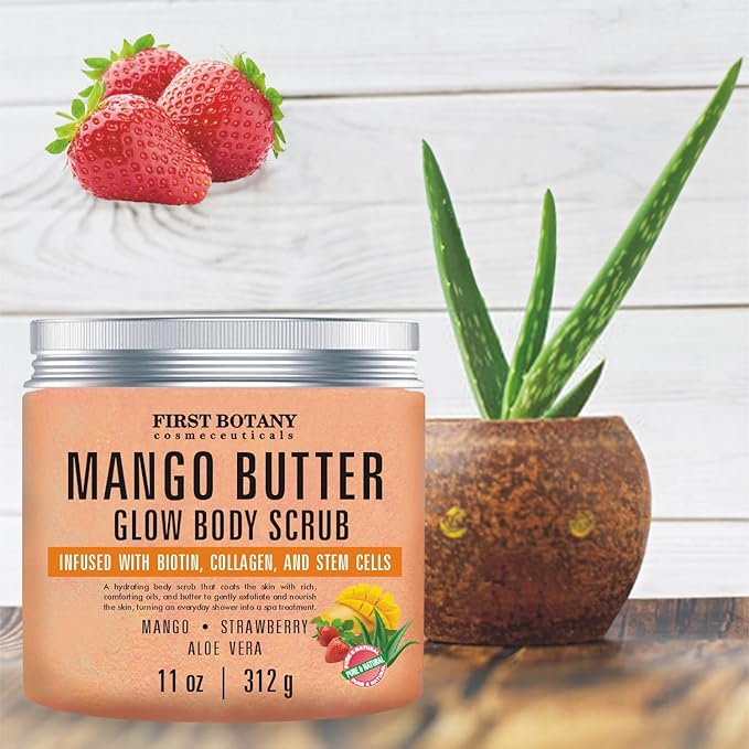 Mango Butter Body Scrub Exfoliator Biotin, Collagen, Stem Cells - Natural Exfoliating Salt Scrub & Body and Face Souffle helps with Moisturizing Skin, Acne, Cellulite, Dead Skin Scars, Wrinkles- 11 oz-Velvo Beauty