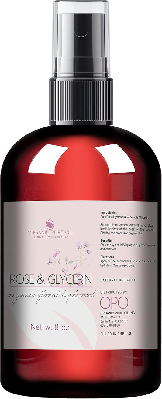 Rosewater Glycerin Mist Toner Bulk Spray Facial Body Floral Cleanser 100% Pure Rose Hydrosol and Vegetable Glycerine Moisturizing Cleansing Toning Mix for Face Skin Hair Body (8 Ounces)-Velvo Beauty