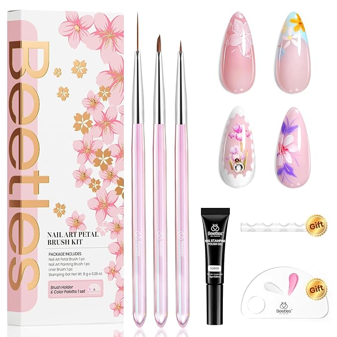 Beetles Nail Art Brushes Set for Gel Polish 3 Pcs Nail Art Design Pen and One White Painting Gel All-in-One Petal Brush Kit Flower DIY with Palette Dotting Manicure Tool Set-Velvo Beauty