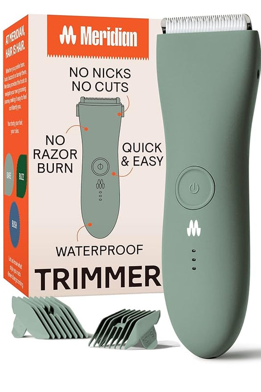 MERIDIAN The Trimmer Original - Body Hair Trimmer for Men, Electric Shaver for Pubic Hair, Chest, Legs & Bikini, Waterproof & Rechargeable, Sage-Velvo Beauty