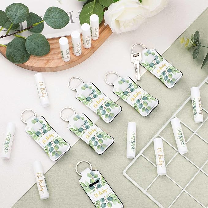 18 Sets Baby Shower Bridal Shower Favors for Guests Bulk Lip Balm and Lipstick Holder Keychains Set Baby Shower Bridal Shower Goodies Bags Thank You Gifts for Guests(Eucalyptus Baby)-Velvo Beauty