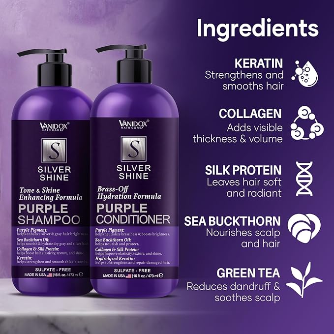 Sulfate Free Brass Toning Purple Shampoo and Conditioner Set for Grey and Silver Hair, Moisturizing & Color-Safe, Enhances Shine & Brightness, Made in USA (16 fl oz each)-Velvo Beauty