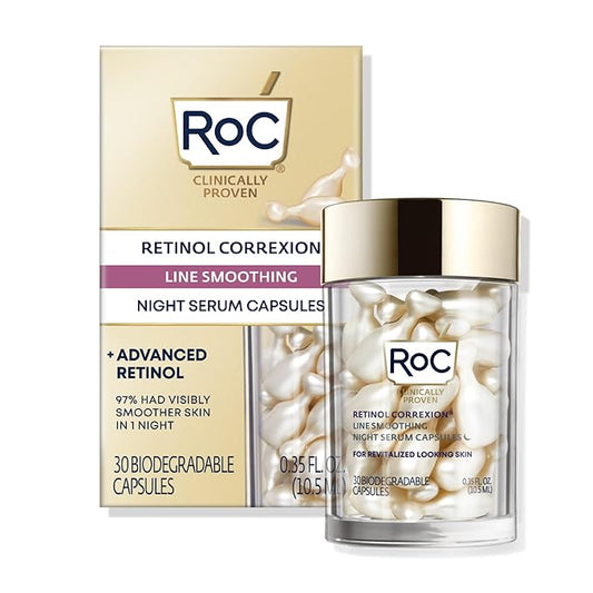 RoC Retinol Correxion Anti-Aging Wrinkle Night Serum, Retinol Serum for Face, Daily Treatment for Fine Lines, Post Acne Scars, 30 Capsules, Unscented, 0.35 Fl Oz-Velvo Beauty