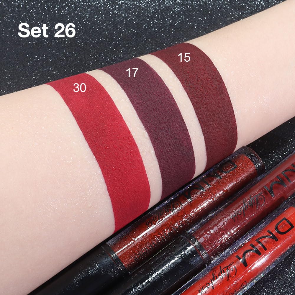 evpct 3Pcs Dark Red Deep Red Oxblood Red Matte Liquid Lipstick Lip Stain Sets for Women Matte+Lipstick Long Lasting Permanent 24 hr Hours Magic Lipstick 24 Hours original Waterproof 26-Velvo Beauty