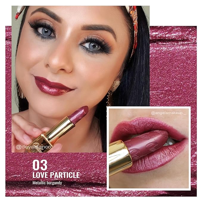 Oulac Burgundy Lipstick for Women with Metallic 3D Shine Lightweight Hydrating Formula, High Impact Lip Color, Vegan Beauty, Full Coverage Lip Makeup, Christmas Gifts for Women, Love Particle(03)-Velvo Beauty
