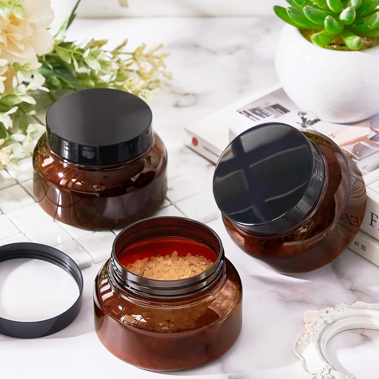Tessco 24 Pack Plastic Jars with Lids Labels Empty Clear Plastic Jars Round Refillable Cosmetic Containers Body Butter Containers Bulk Sugar Scrub Bottle for Make Up(8 oz,Brown)-Velvo Beauty