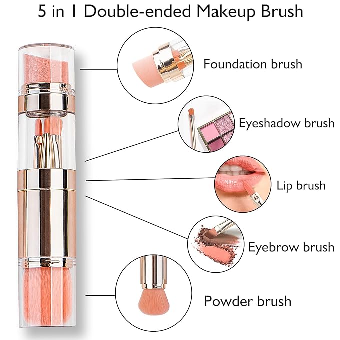 kullder Travel Makeup Brush 5 in 1 Makeup Brush set Blend Sponge Eyebrow Eyeshadow & Blush Brushes for Foundation Concealer Double Ended Makeup Brush with Powder Puff Ideal Womens Gifts-Velvo Beauty