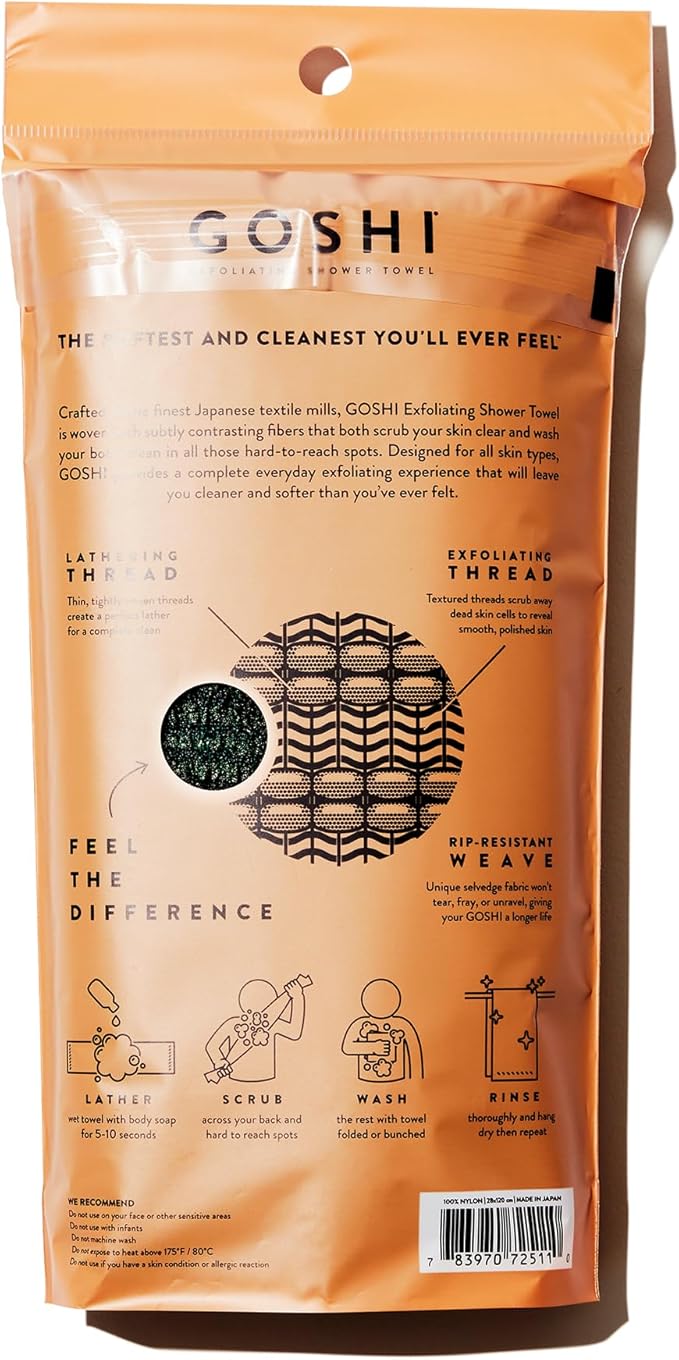 GOSHI Exfoliating Shower Towel - Rip-Resistant Exfoliating Washcloth for All Skin Types - Moss Green - Made in Japan-Velvo Beauty
