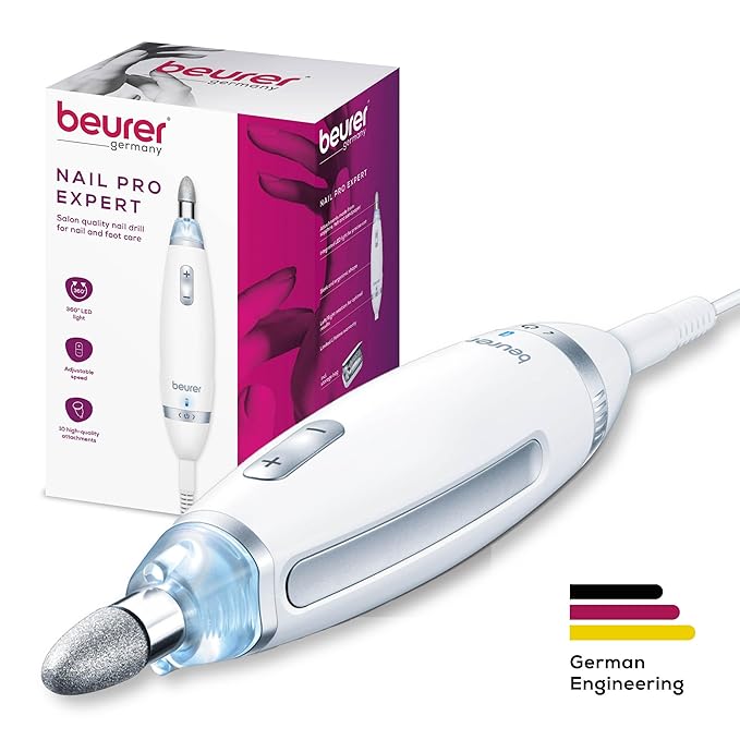 Beurer MP62 Professional Nail Drill Kit, Portable Electric File Machine with 10 Attachments & 10 Sanding Bands, Efile Dremel for Acrylic Gel Manicure and Pedicure, LED Light, with Storage Case-Velvo Beauty