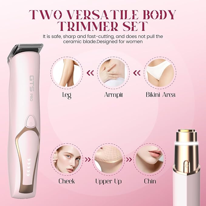 Bikini Trimmer for Women Electric Razor 2 Pack Dual Head Body & Facial Hair Remover -Waterproof USB Rechargeable with Replacement Ceramic Blades, Travel Pouch & Packaging Box(Pink)-Velvo Beauty