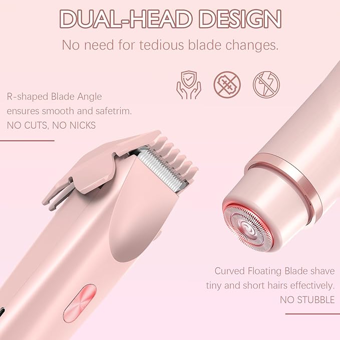 Bikini Trimmer for Women, 2 in 1 Dual-Head Electric Razors for Women Pubic Hair, Waterproof Wet/Dry Use Body Hair Trimmer Face Shaver, Rechargeable Hair Removal for Bikini Legs Face Underarm Arm Back-Velvo Beauty
