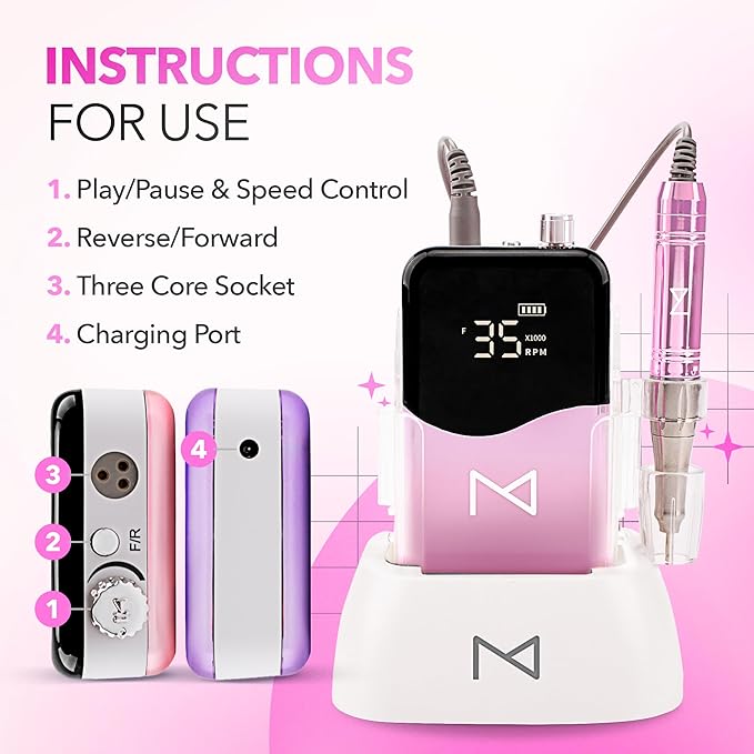 M Mase- Professional Nail Drill Machine - Coreless 2-in-1 Nail File - Electric, Cordless, 35000 RPM, HD Display - Electric Nail Drill for Professional & Home Use (Unicorn Pink)-Velvo Beauty