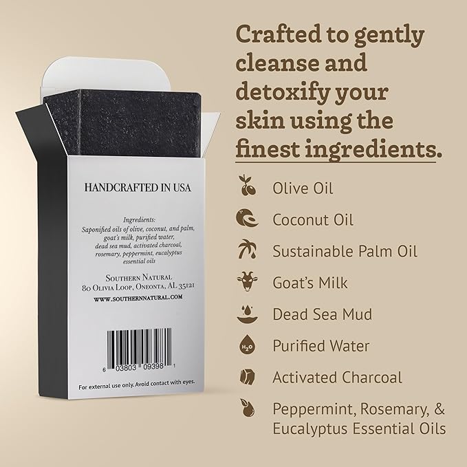 Southern Natural Activated Charcoal Soap Bar (3 Pack) Face and Body Soap For Sensitive Skin With Dead Sea Mud, Goat Milk & Peppermint Essential Oil-Velvo Beauty