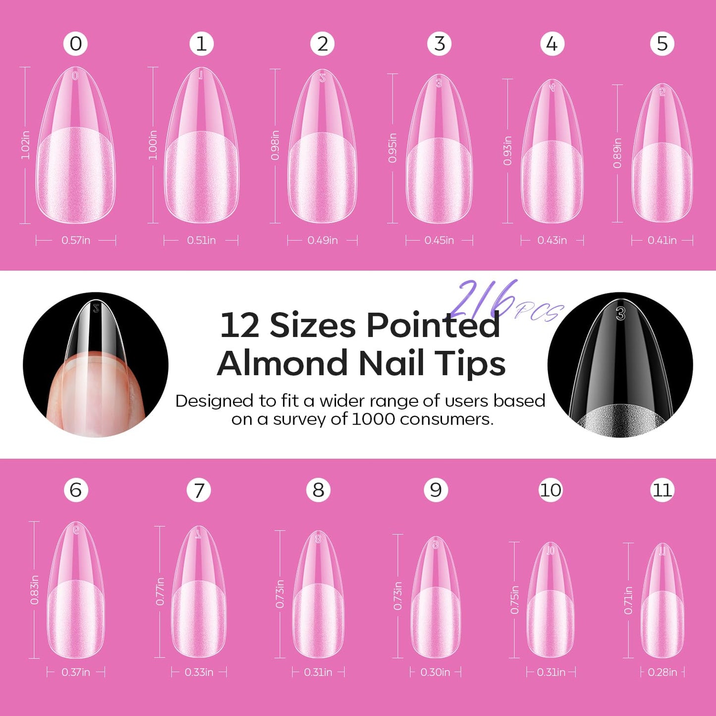 modelones Pointed Almond Nail Tips, Medium Pre-shaped Soft Gel Tips Fake Nails False Acrylic Clear Full Cover Press on Extension Gel Kit Manicure DIY at Home 216PCS 12Sizes-Velvo Beauty