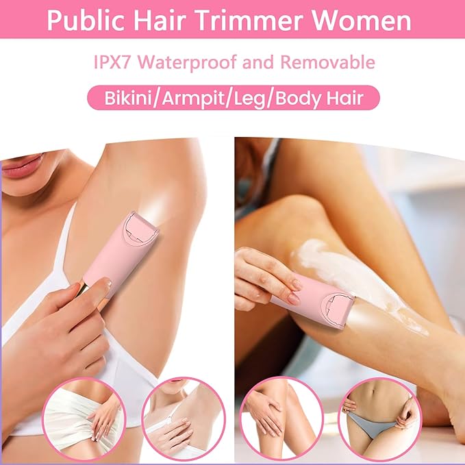 Bikini Trimmer for Women, Glow Aura Womens Shaver, Quiet Dual Head Waterproof Cordless Rechargeable Painless Trimmer for Underarms, Legs, Body (Pink)-Velvo Beauty