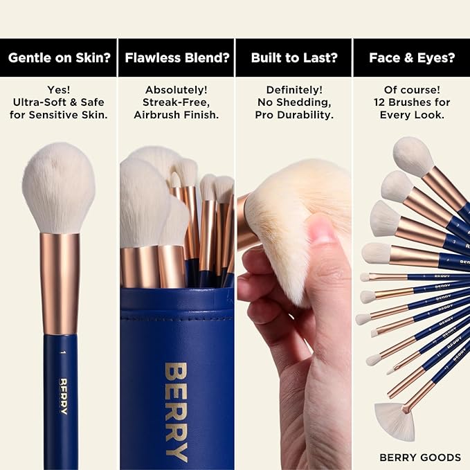 BERRY Blue Premium Makeup Brush Set – 12-Piece Professional Ultra-Soft Synthetic Brushes for Face & Eyes | Foundation, Powder, Blush, Concealer, Eyeshadow – Vegan, Cruelty-Free, Numbered, Travel Case-Velvo Beauty