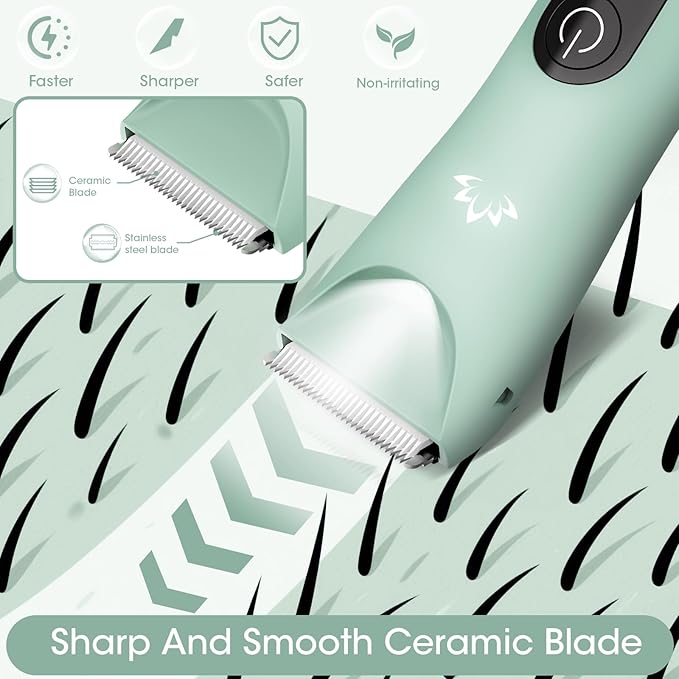 Bikini Trimmer for Women, Painless Pubic Hair Trimmer for Armpit Leg Arm Body Private Area,Rechargeable Womens Electric Razors Shaver LED Light Ceramic Blade IPX7 Waterproof Wet/Dry LCD Display,Green-Velvo Beauty