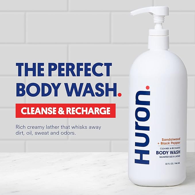 Huron Men’s Moisturizing Body Wash - Clean & Woody Scent of Sandalwood, Black Pepper, Cedarwood, & Amber - Made With Coconut Oil, Vitamin E & Witch Hazel - Vegan, Cruelty-Free - 32 fl oz-Velvo Beauty
