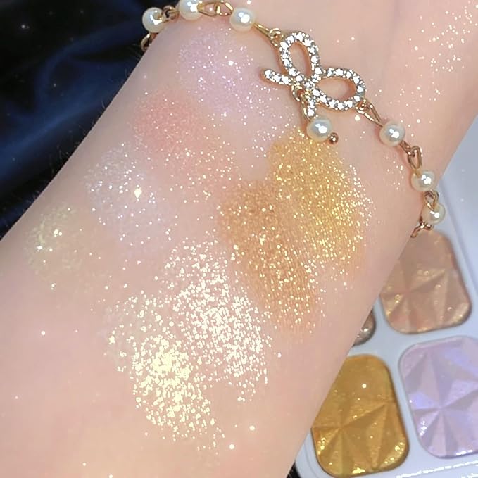 Face Highlighter Palette with Mirror, 8 Colors Glitter Eyeshadow Palette, Diamond Shimmer Glow Contour Palette for Face Highlighters & Luminizers, Long Lasting, Makeup Brush Include-Velvo Beauty