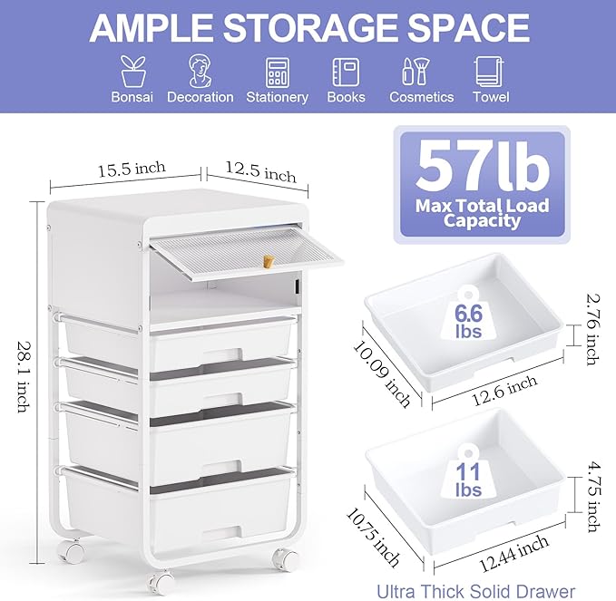 Utility-Rolling-Storage-Drawer-Craft-Cart-Organizers with 4 Drawers & Dust-proof Door for Kid Craft Art Room,Bedroom,Home Office, Craft Drawer cart, Classic White-Velvo Beauty